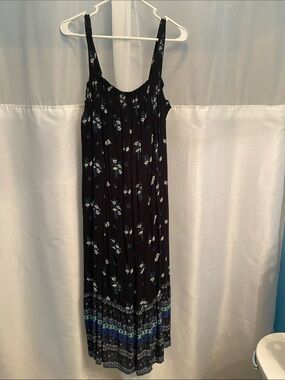 Old Navy Black Floral Smocked Neck Maxi Dress with Blue and Green Flowers